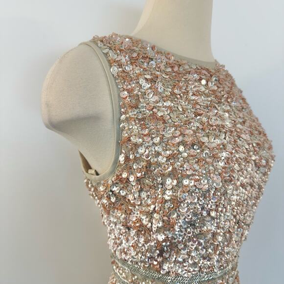 Mac Duggal Sequin Sleeveless Sheath Midi Cocktail Dress in Beige Rose Gold 8 - Picture 6 of 14